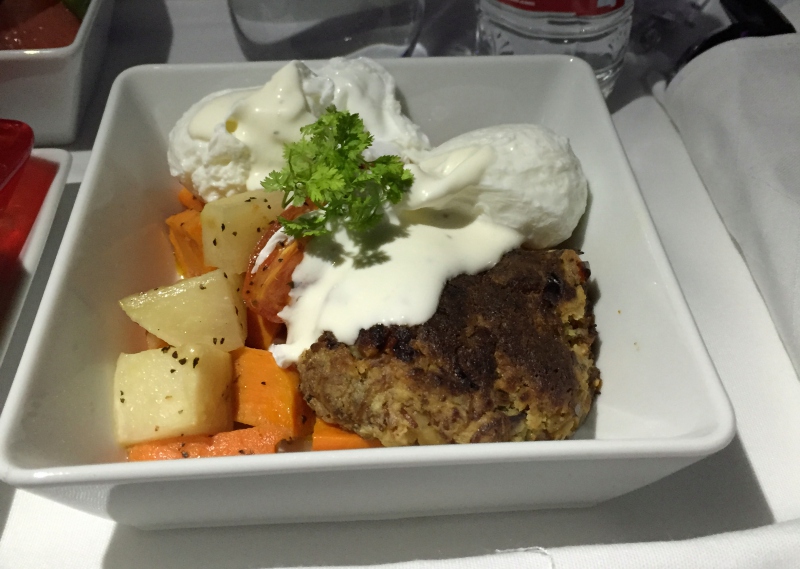 Poached Egg with Beef Brisket Patty, Virgin America First Class Review