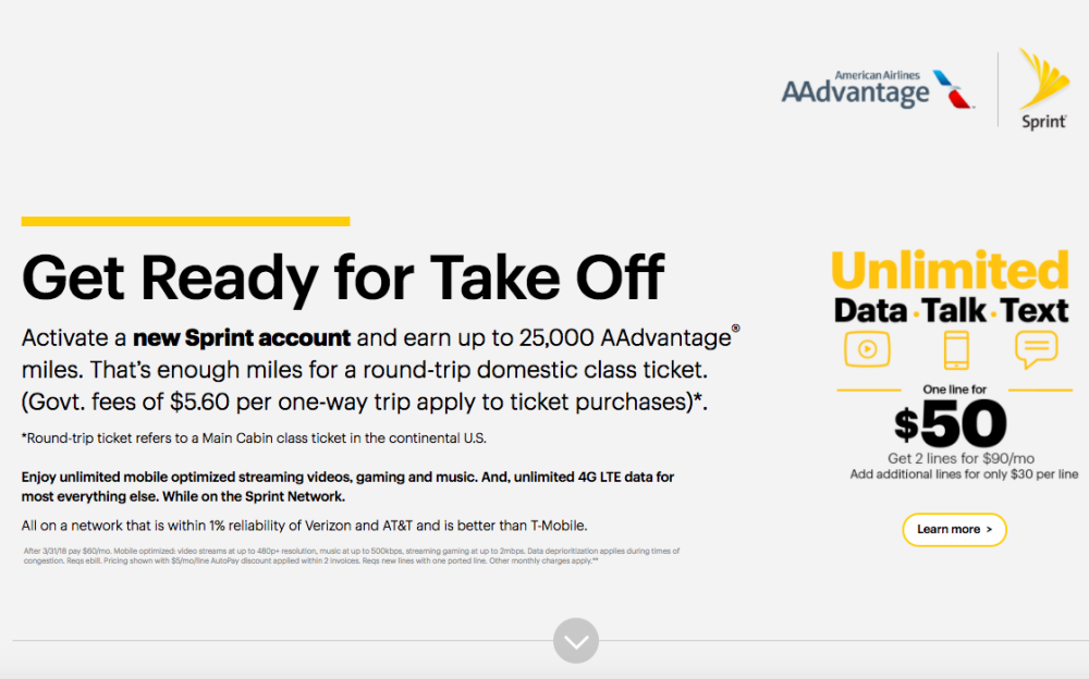 25K AAdvantage Miles for New Sprint Account