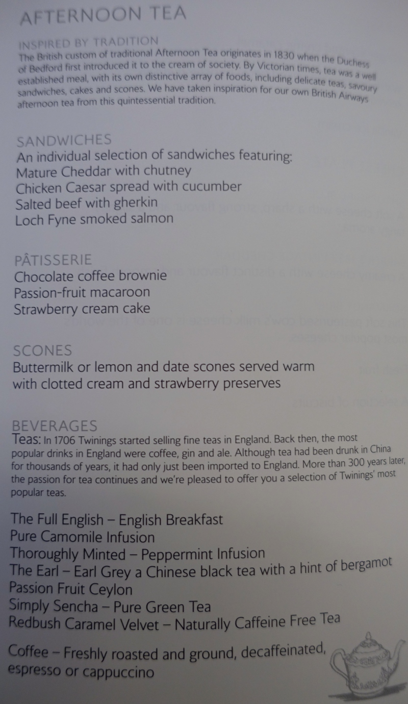 Afternoon Tea Menu, British Airways First Class