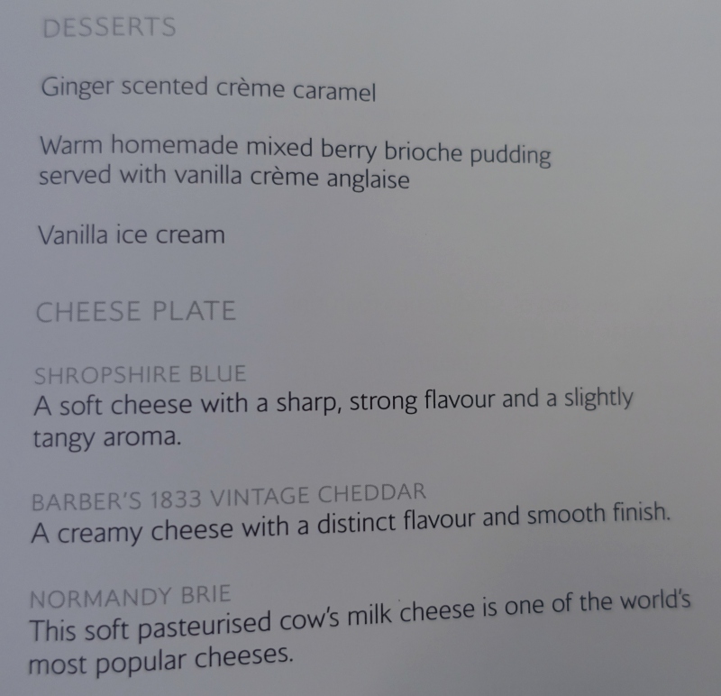 Dessert Menu, British Airways First Class London to New York JFK