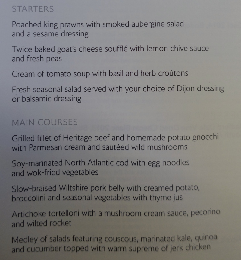 British Airways First Class Lunch Menu London LHR to New York JFK