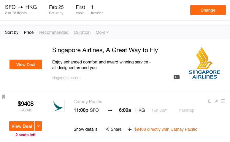 Cathay Pacific First Class: 2 Seats for Sale...