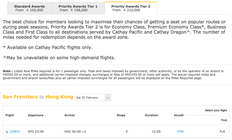 No Award Seat Even with Cathay Asia Miles Priority Awards Tier 2
