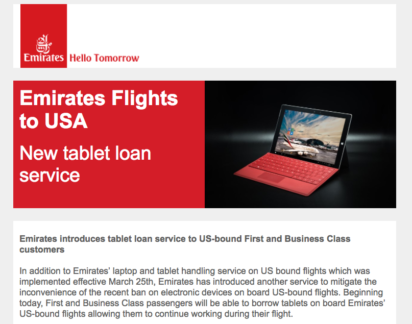 Emirates: Tablet Loan Service for US Bound First Class and Business Class Passengers