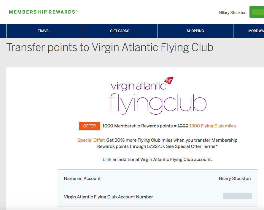 AMEX Points 30% Transfer Bonus to Virgin Atlantic Miles