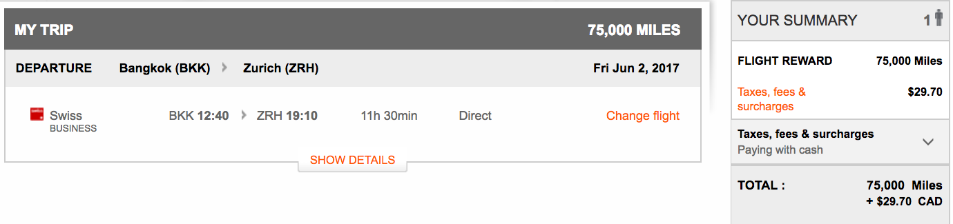 Swiss Business Class Award with Aeroplan Miles Bangkok to Zurich