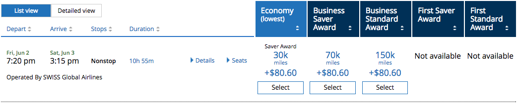 Swiss Business Class Award with United MileagePlus Miles