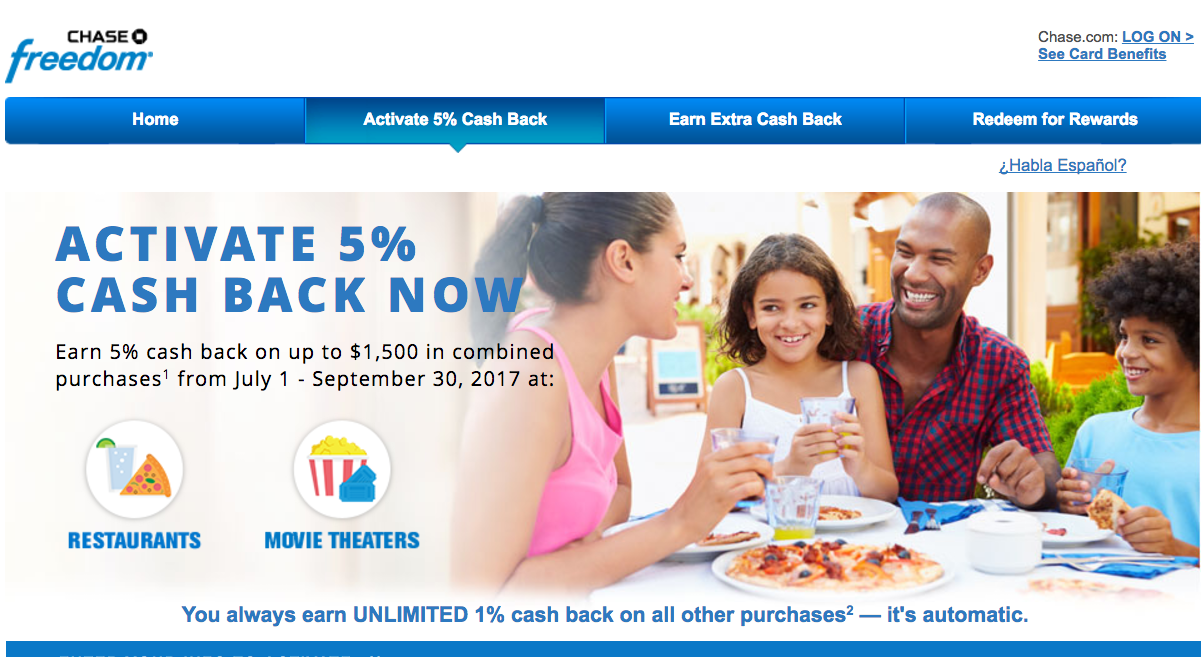 Activate Chase Freedom 5X for Restaurants and Movie Theaters Q3 2017