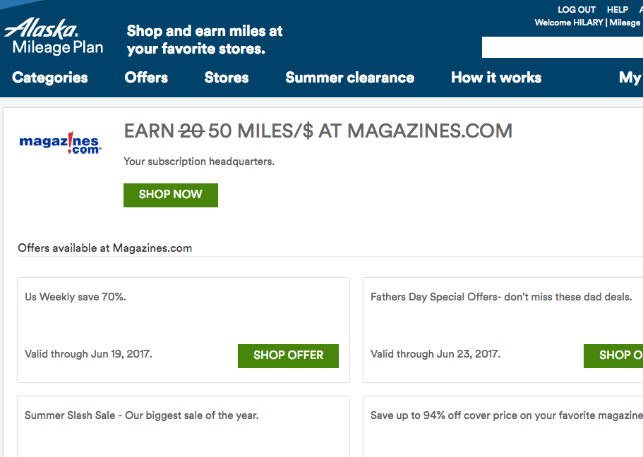 Earn 50X Alaska Miles on Magazines.com Spend