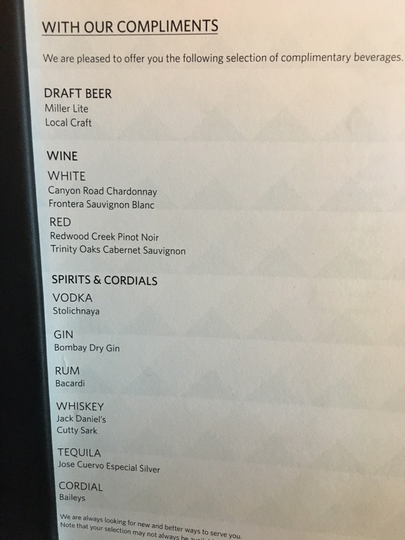 Delta Sky Club Seattle Complimentary Drink Menu