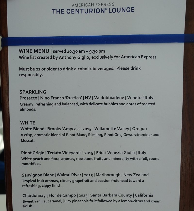 Wine List, AMEX Centurion Lounge Seattle Review