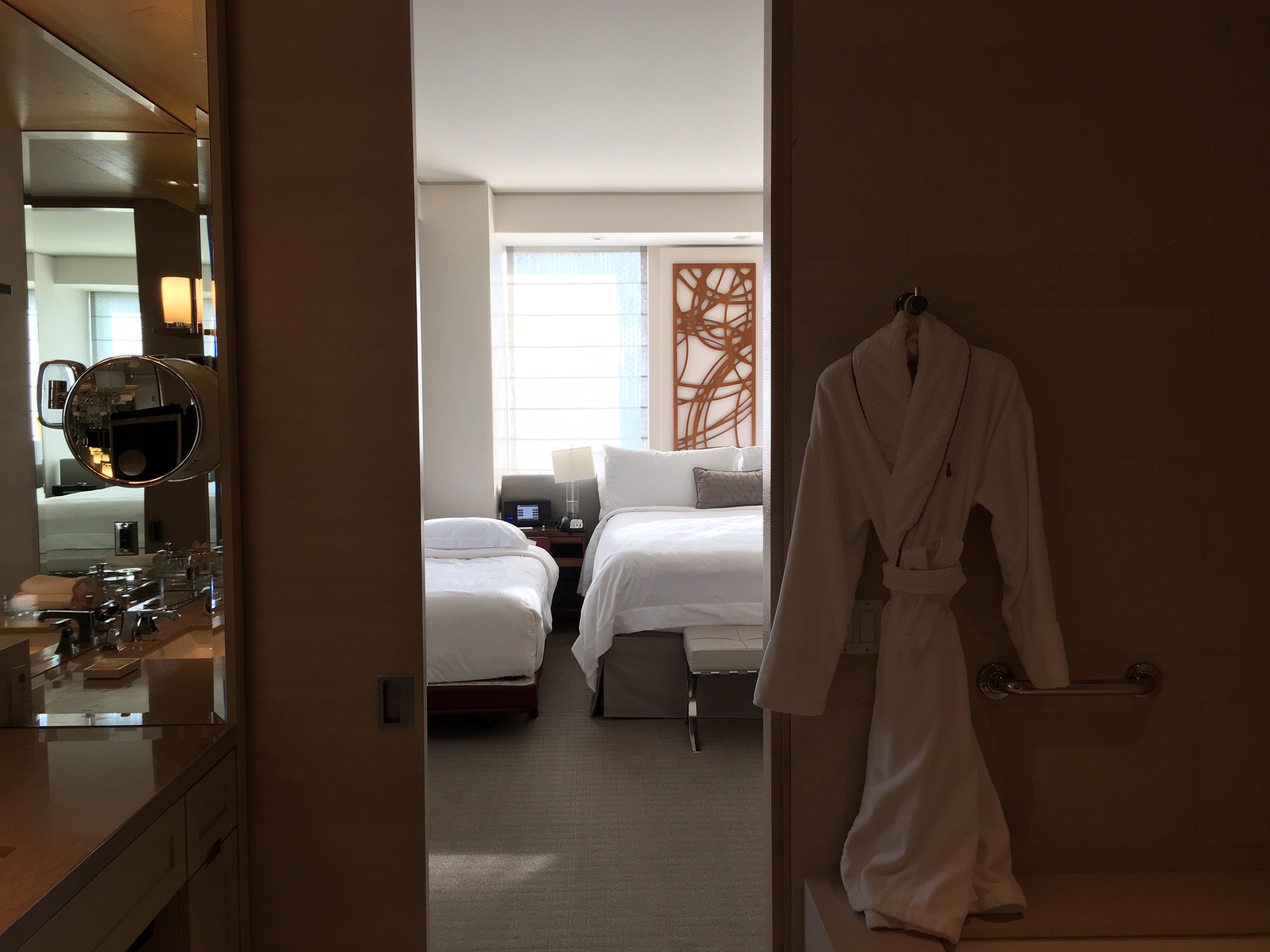 Bathrobe and View of Room from Bathroom