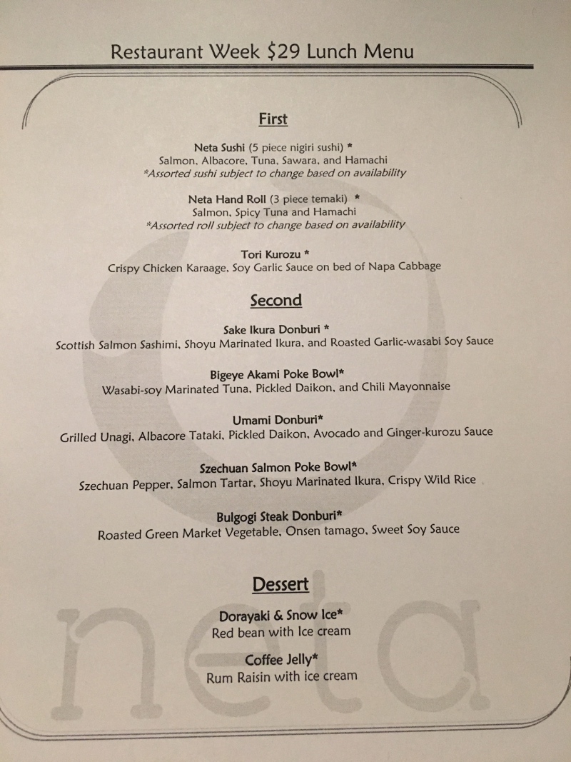 Neta NYC Restaurant Week Menu