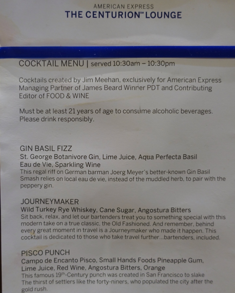 Cocktail Menu, AMEX Centurion Lounge SFO Review