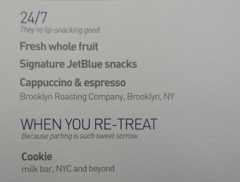 JetBlue Mint Snack Menu