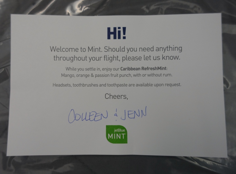 JetBlue Mint Welcome Note