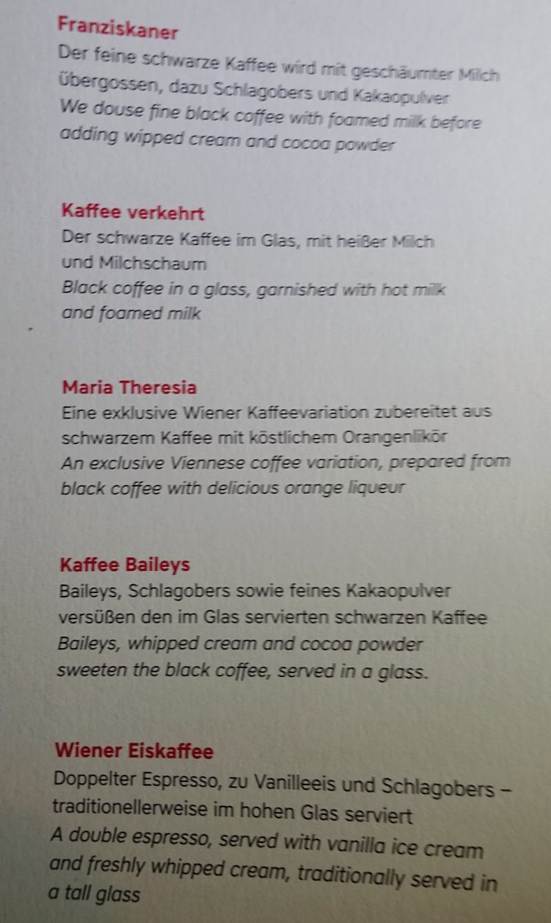 Austrian Business Class Coffee Menu