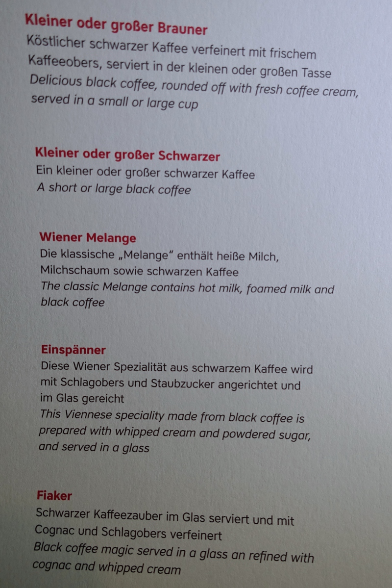 Austrian Business Class Coffee Menu