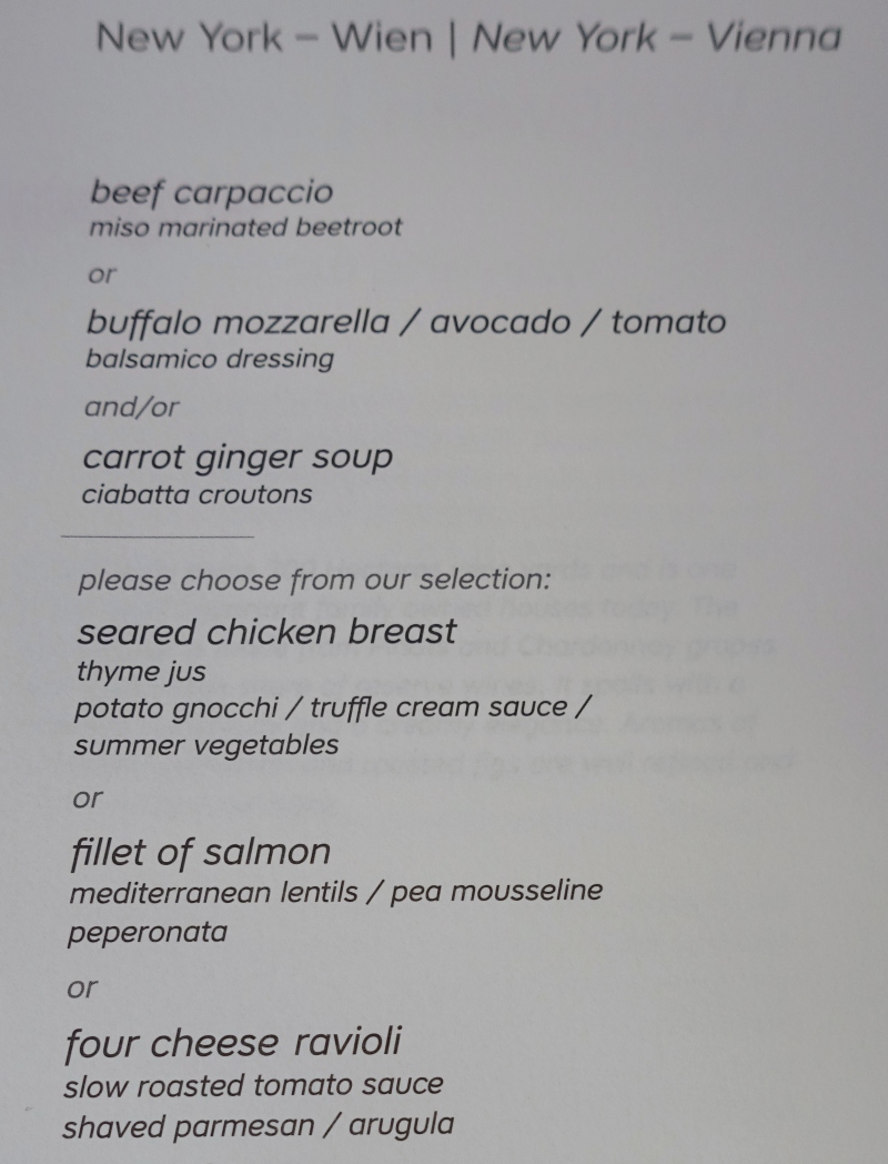 Austrian Business Class Dinner Menu, JFK to Vienna