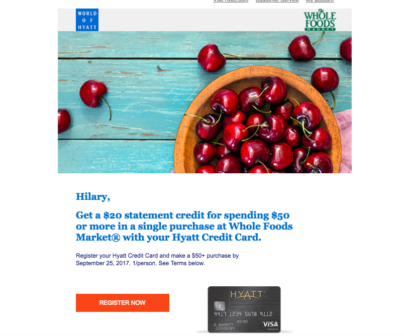 Hyatt Visa: $20 Credit for Whole Foods Spend