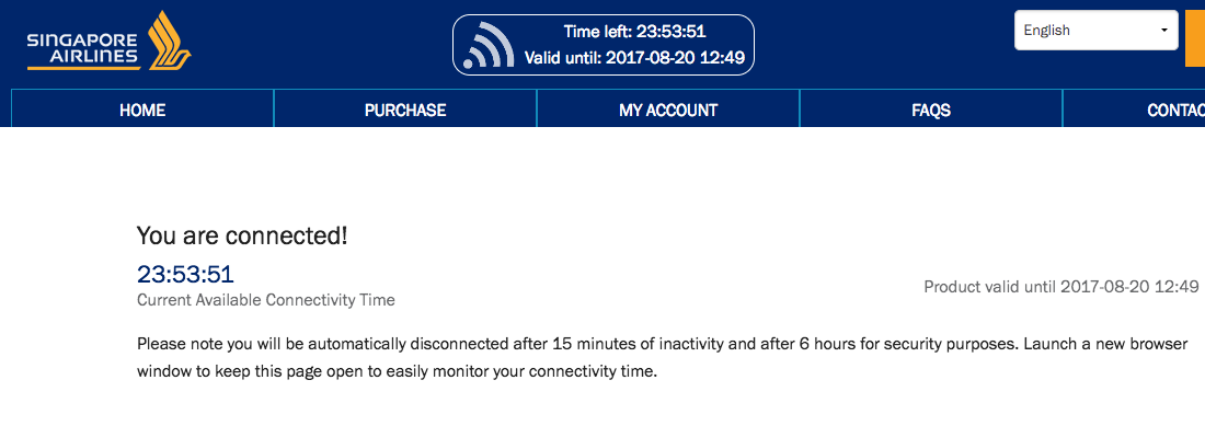 Singapore Airlines WiFi: Confirmation of Connection