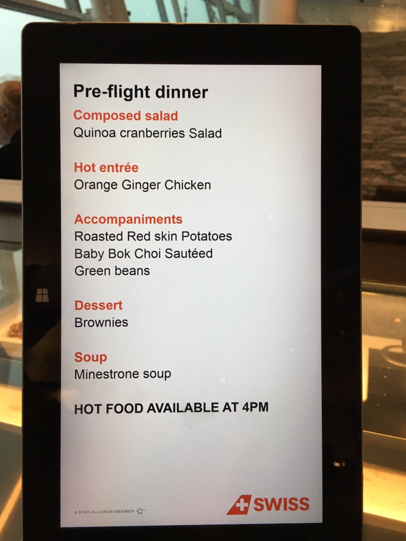 SWISS Lounge JFK Dinner Menu