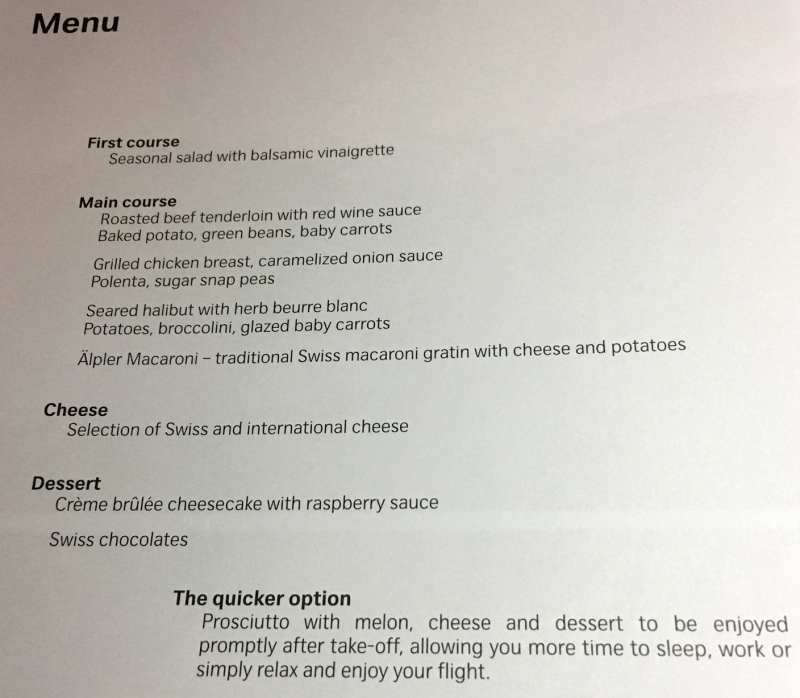 SWISS Business Class Menu-Dinner