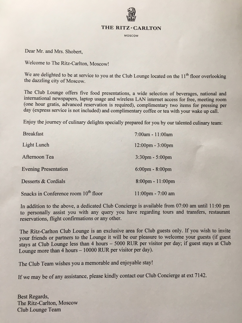 Ritz-Carlton Moscow Club Lounge Letter