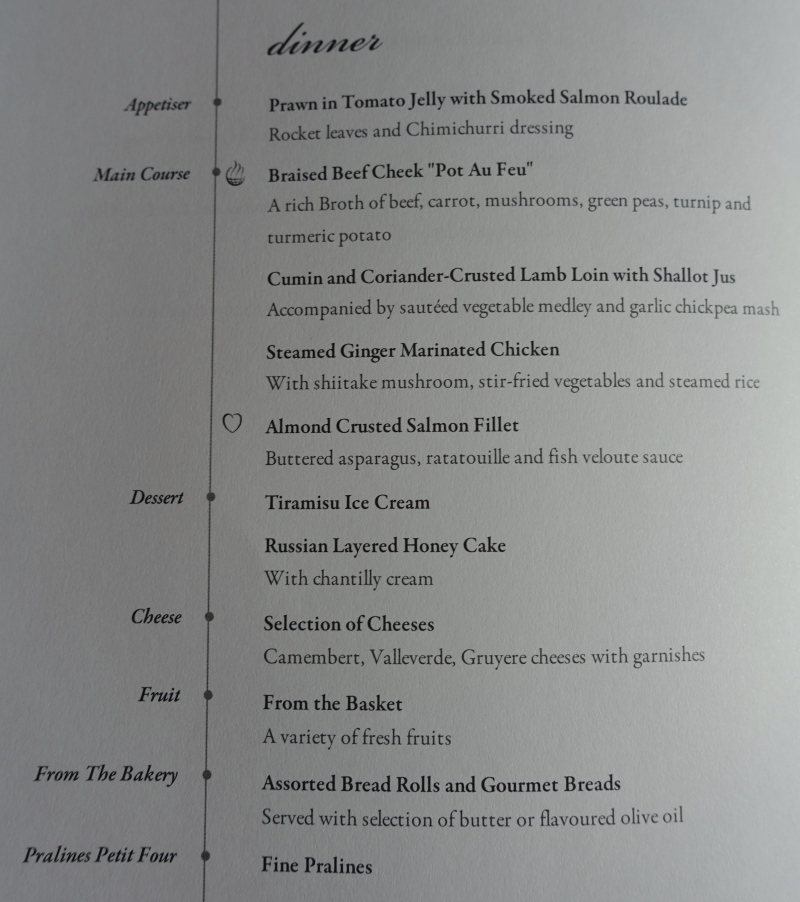 Singapore Business Class Dinner Menu