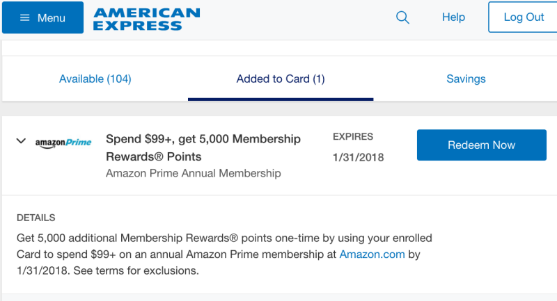 5000 AMEX Points for Buying Amazon Prime (AMEX Offers)