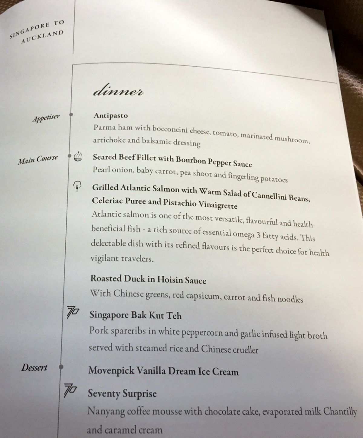 Singapore Airlines Business Class Dinner Menu SIN-AKL