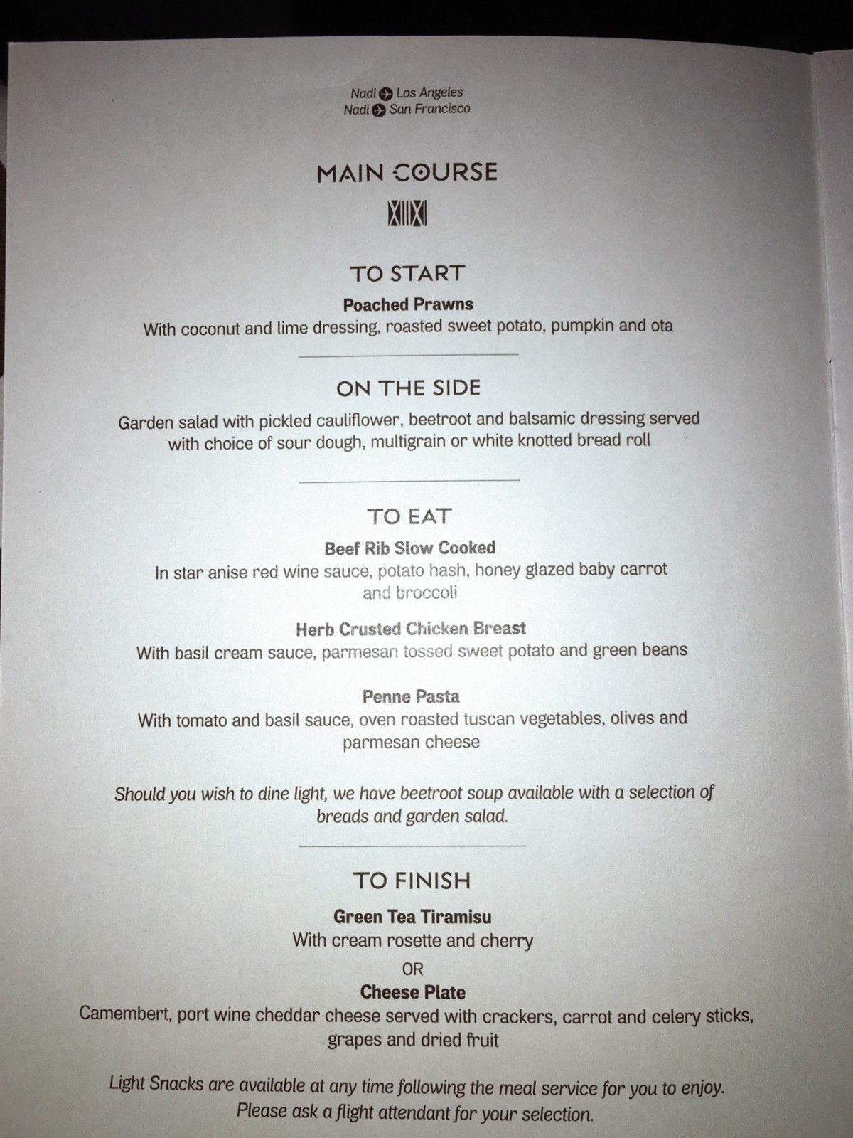 Fiji Airways Business Class Dinner Menu NAN-LAX