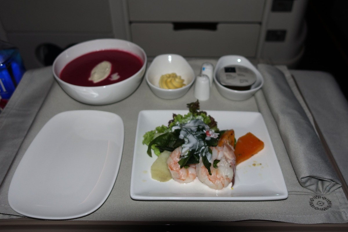 Poached Prawns Appetizer and Beetroot Soup, Fiji Business Class Review