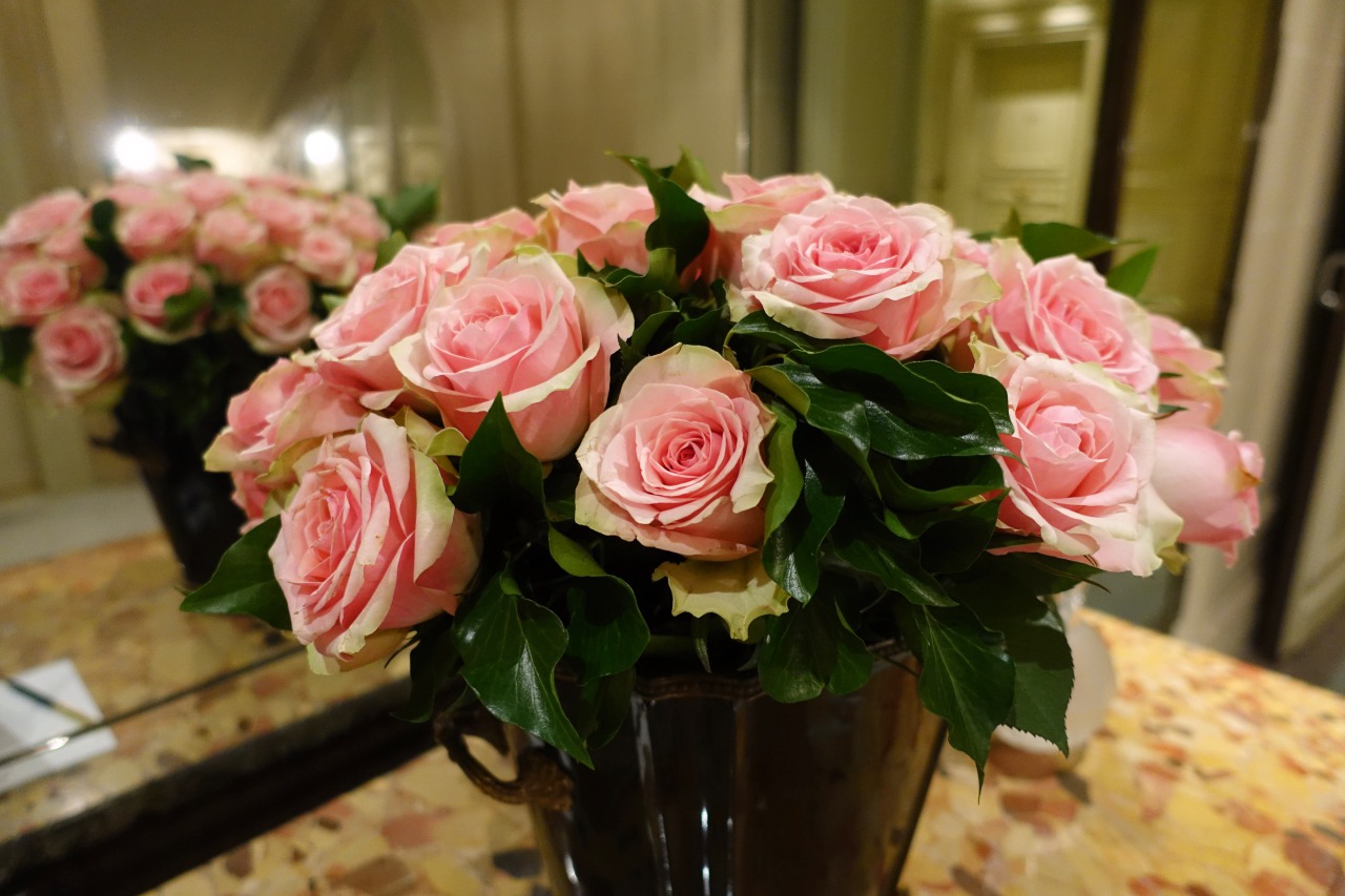 Pink Rose Bouquet on Each Floor at Le Meurice, Paris