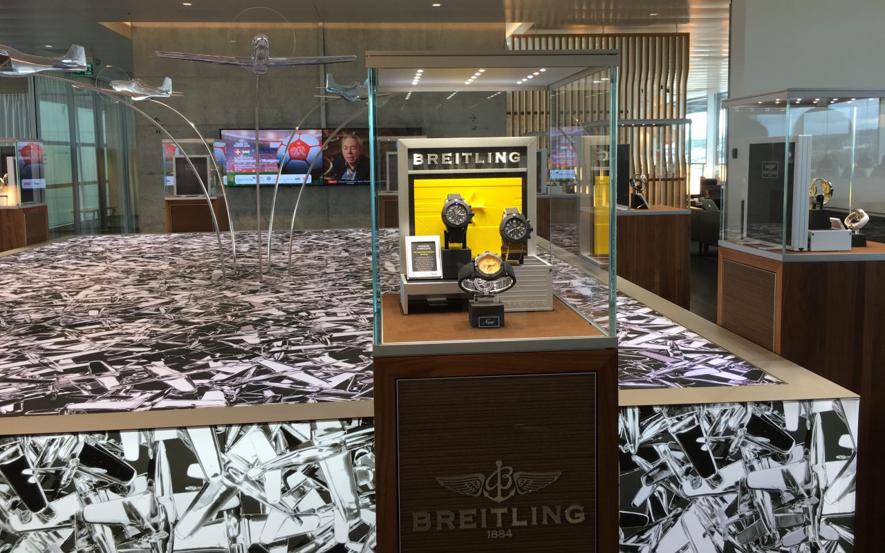 Breitling Watch Display, Swiss Business Class Lounge Zurich Review