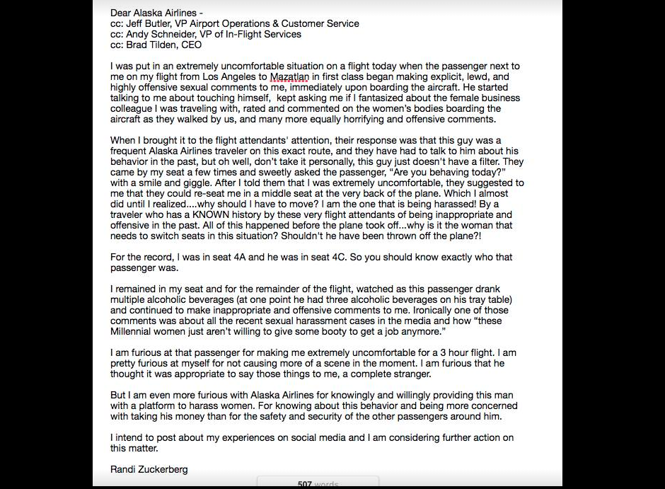Randi Zuckerberg Sexual Harassment Letter to Alaska Airlines