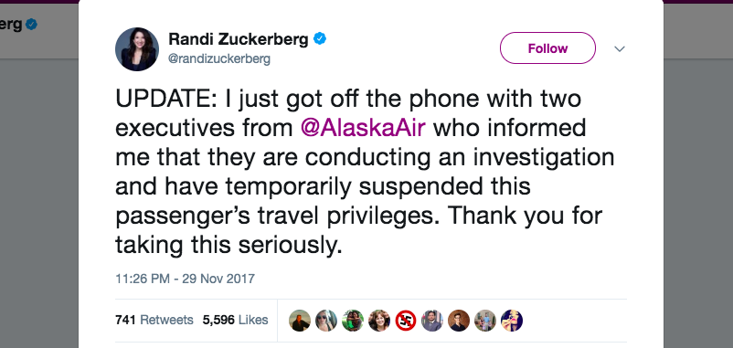 Randi Zuckerberg Alaska Airlines Sexual Harassment Twitter Update