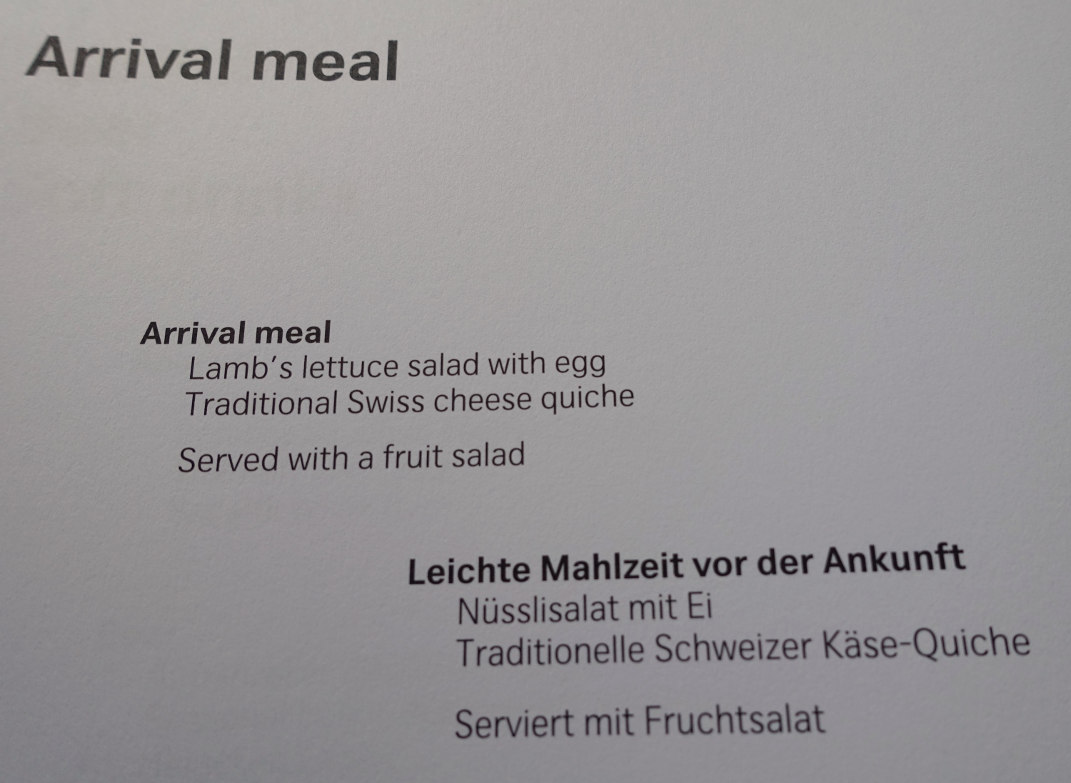 Pre-Arrival Menu, Swiss Business Class Review