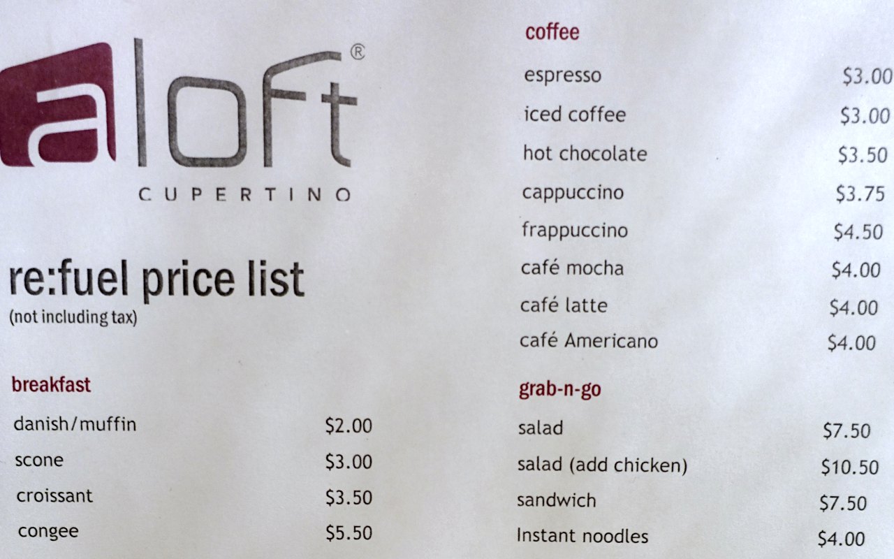 Aloft Cupertino Espresso Coffee Price List