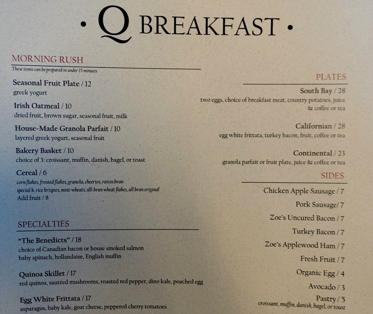 Quattro Breakfast Menu