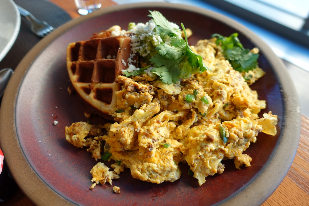 Johnnycakes Waffles and Chorizo Scrambled Eggs, Quattro