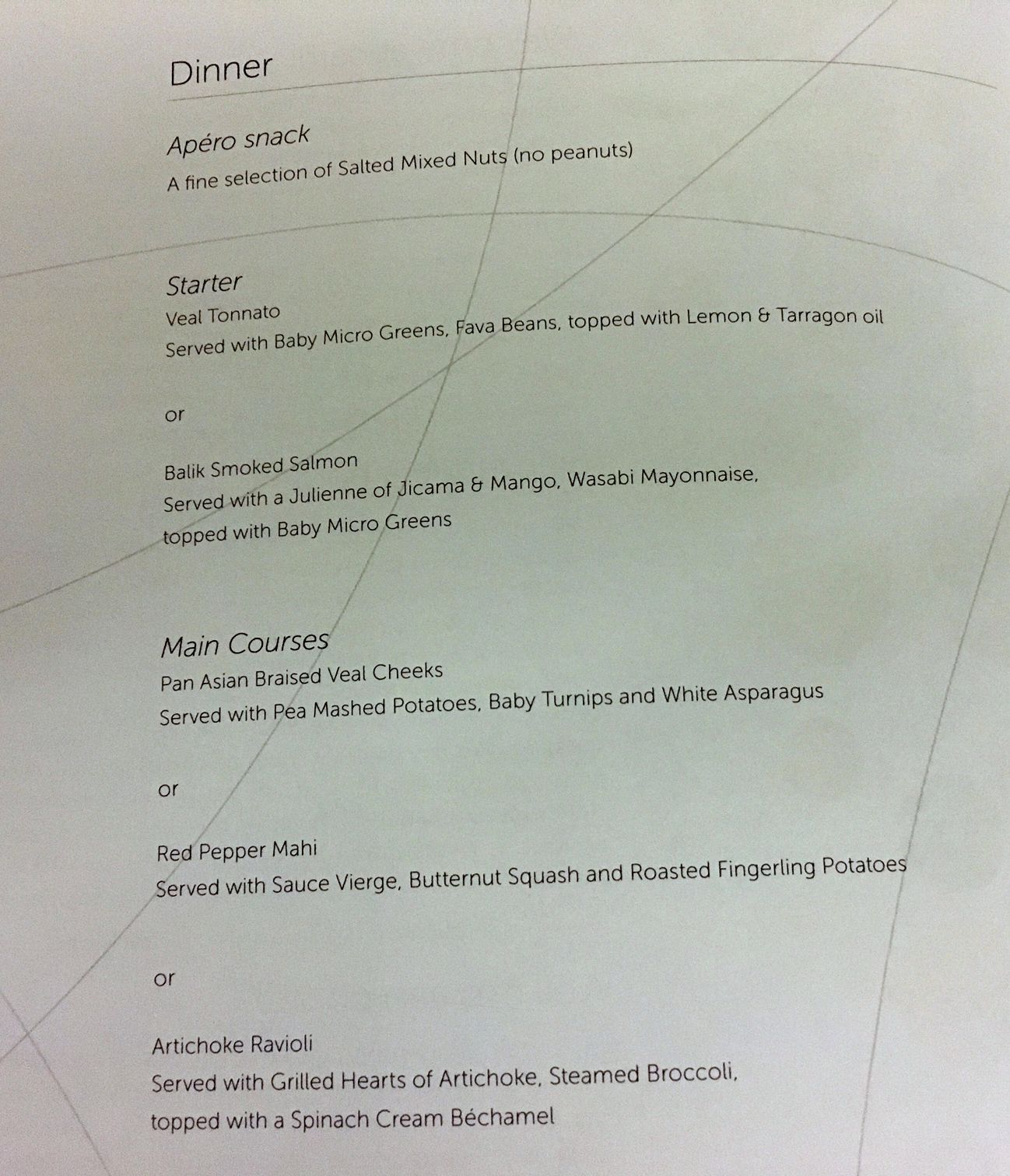 Brussels Airlines Business Class Menu, JFK-BRU