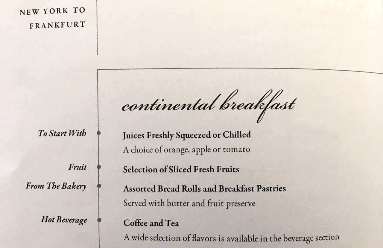 Singapore Business Class Breakfast Menu JFK-FRA