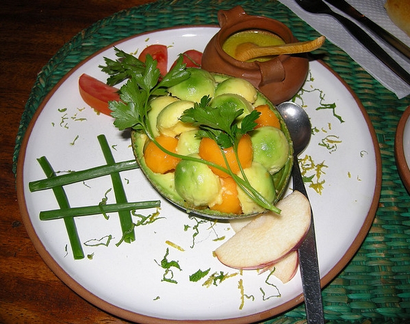 Avocado and Papaya appetizer, Indio Feliz, Aguas Calientes, Machu Picchu