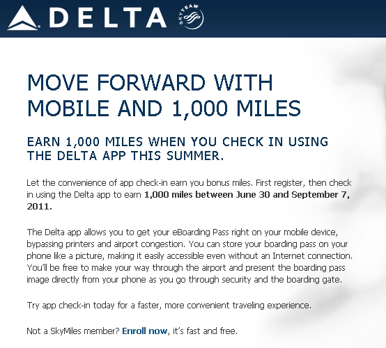 1000 Delta Skymiles Free with Mobile App Check-in