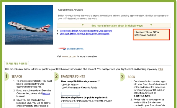 Transfer AMEX Membership Reward points to British Airways Miles at 50% Bonus