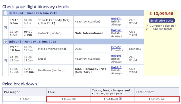 British Airways Business Class Roundtrip Fare NYC-Male Maldives