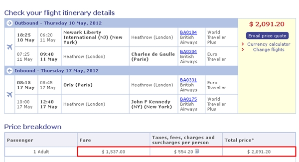 Price for British Airways Premium Economy roundtrip NYC-Paris May 2012