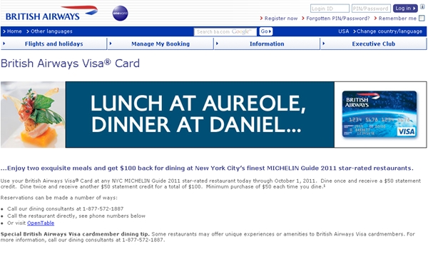 British Airways Visa NYC Michelin Restaurant Dining Promotion