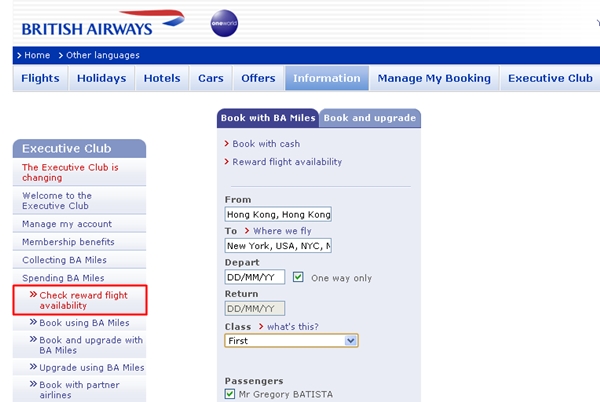 Check Reward Flight Availability-British Airways